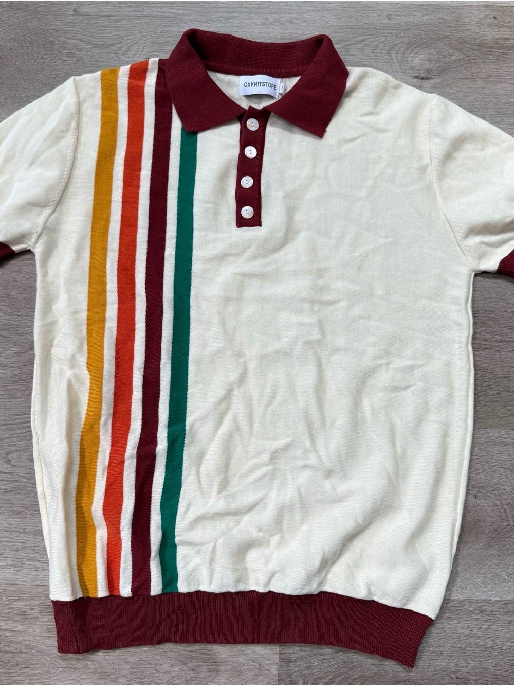 OXKnitstore Polo Sweater Mens Large Retro Style Bowling Striped Knit Colorful